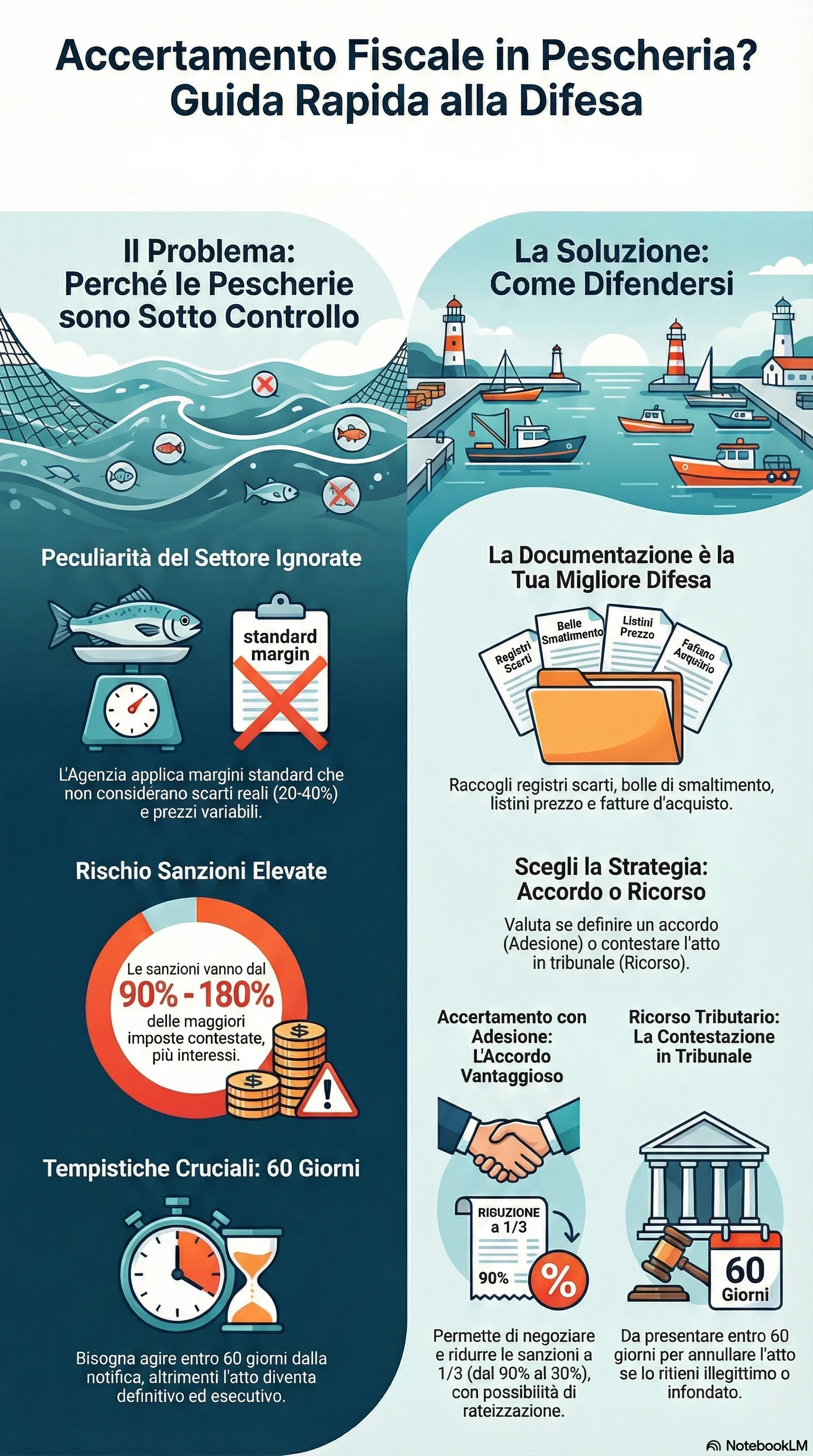 Infografica riassuntiva: Accertamento Fiscale a Pescivendoli: Come Difendersi