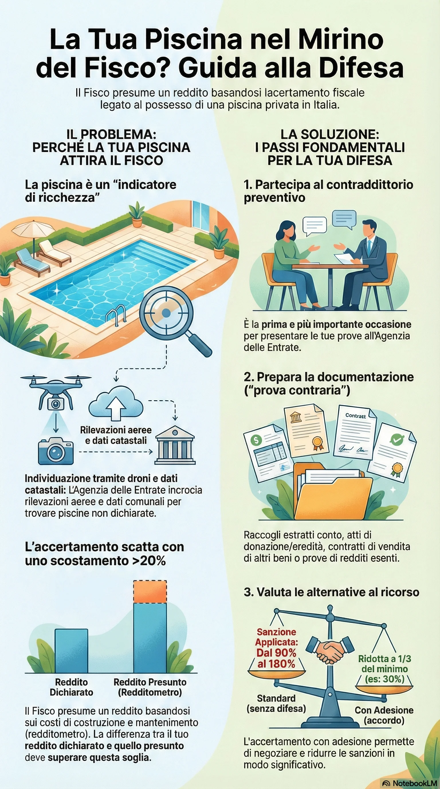 Infografica riassuntiva: Accertamento Fiscale Piscine Private: Come Difendersi