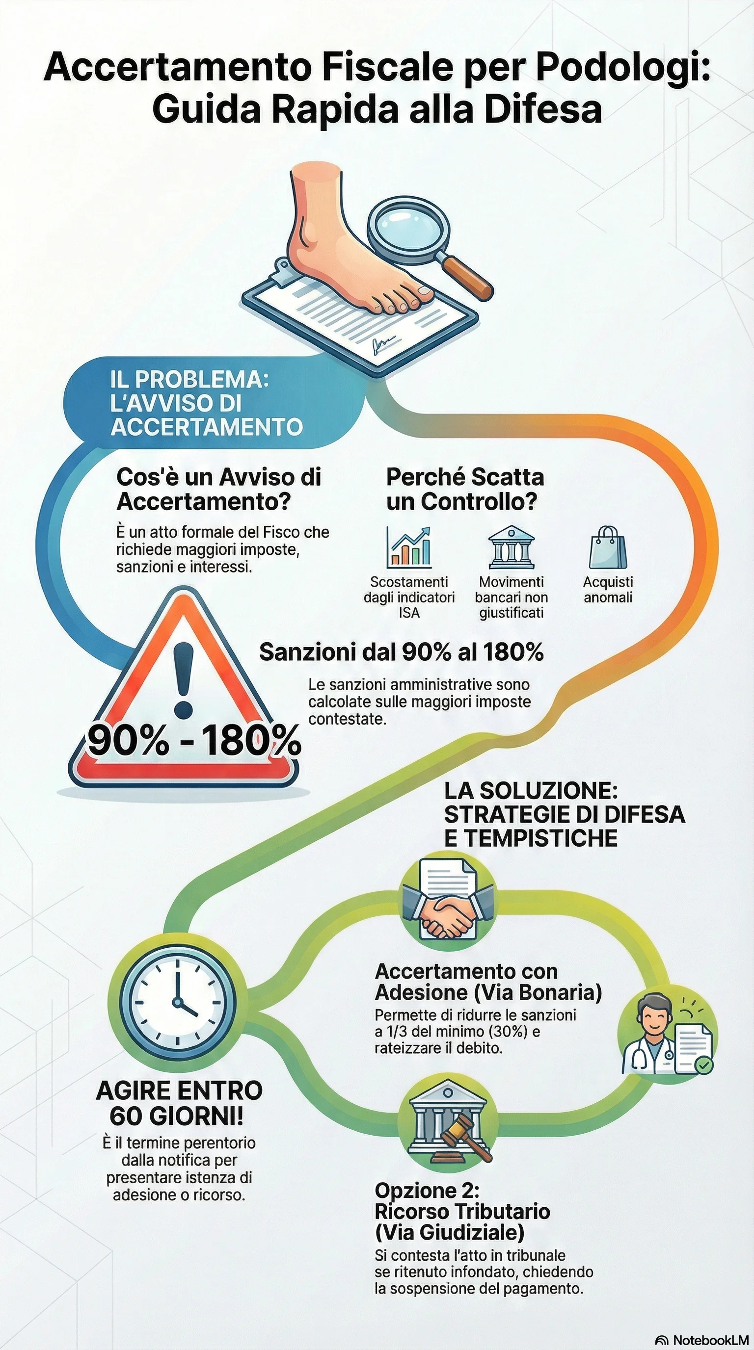 Infografica riassuntiva: Accertamento Fiscale Podologi: Guida alla Difesa