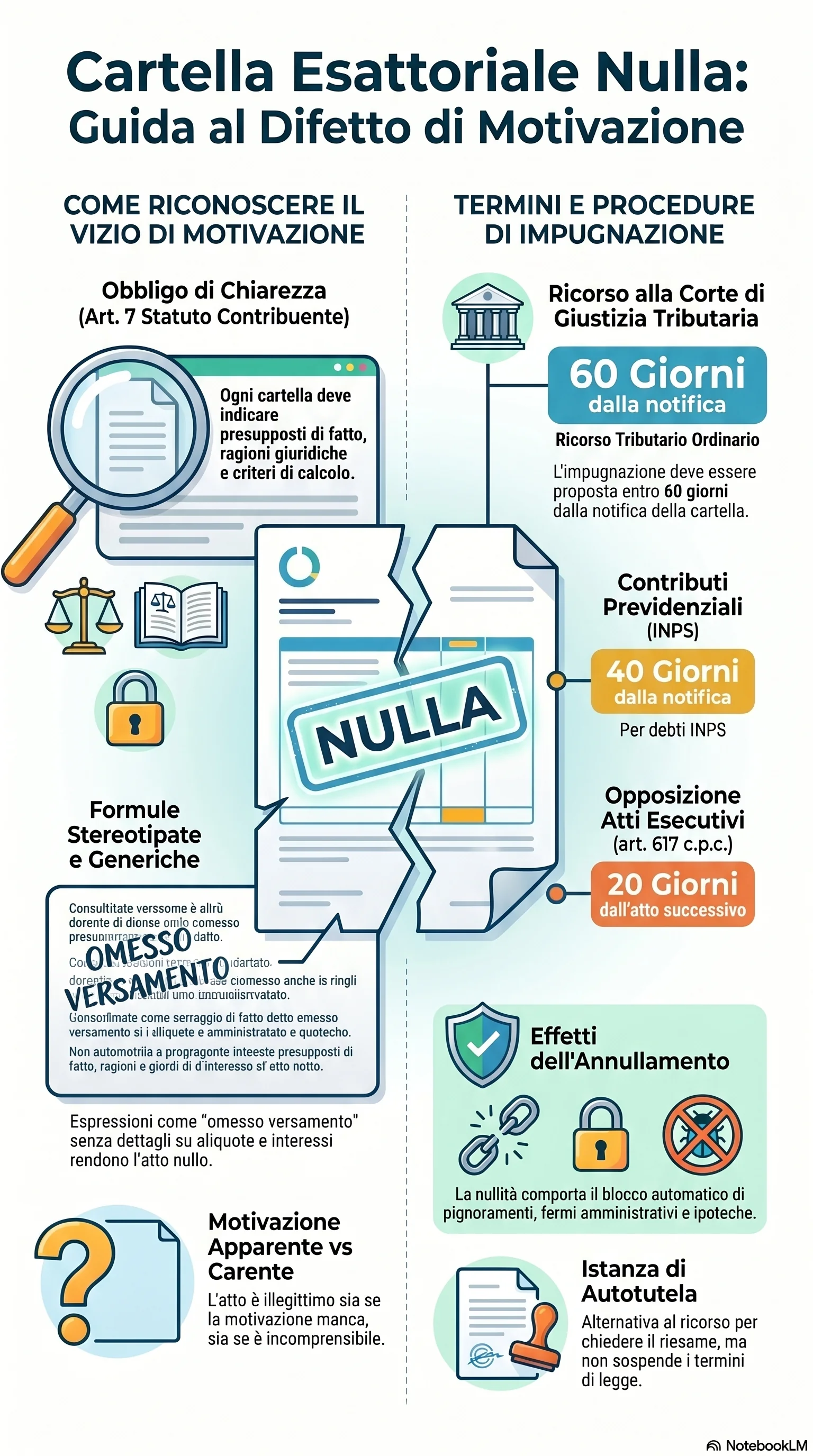 Infografica riassuntiva: Cartella Nulla per Difetto di Motivazione: Guida Operativa