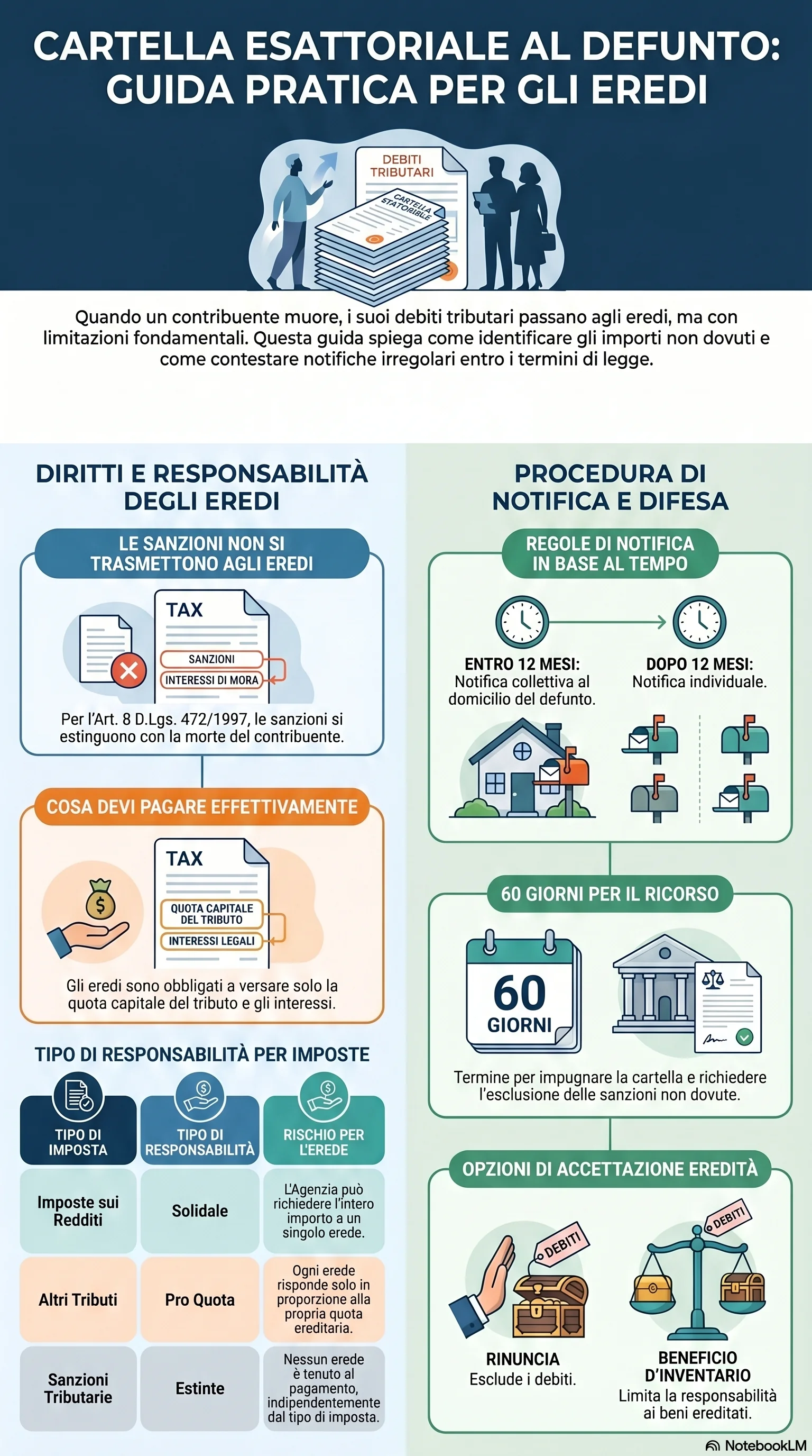 Infografica riassuntiva: Notifica Cartella agli Eredi: Regole e Procedura