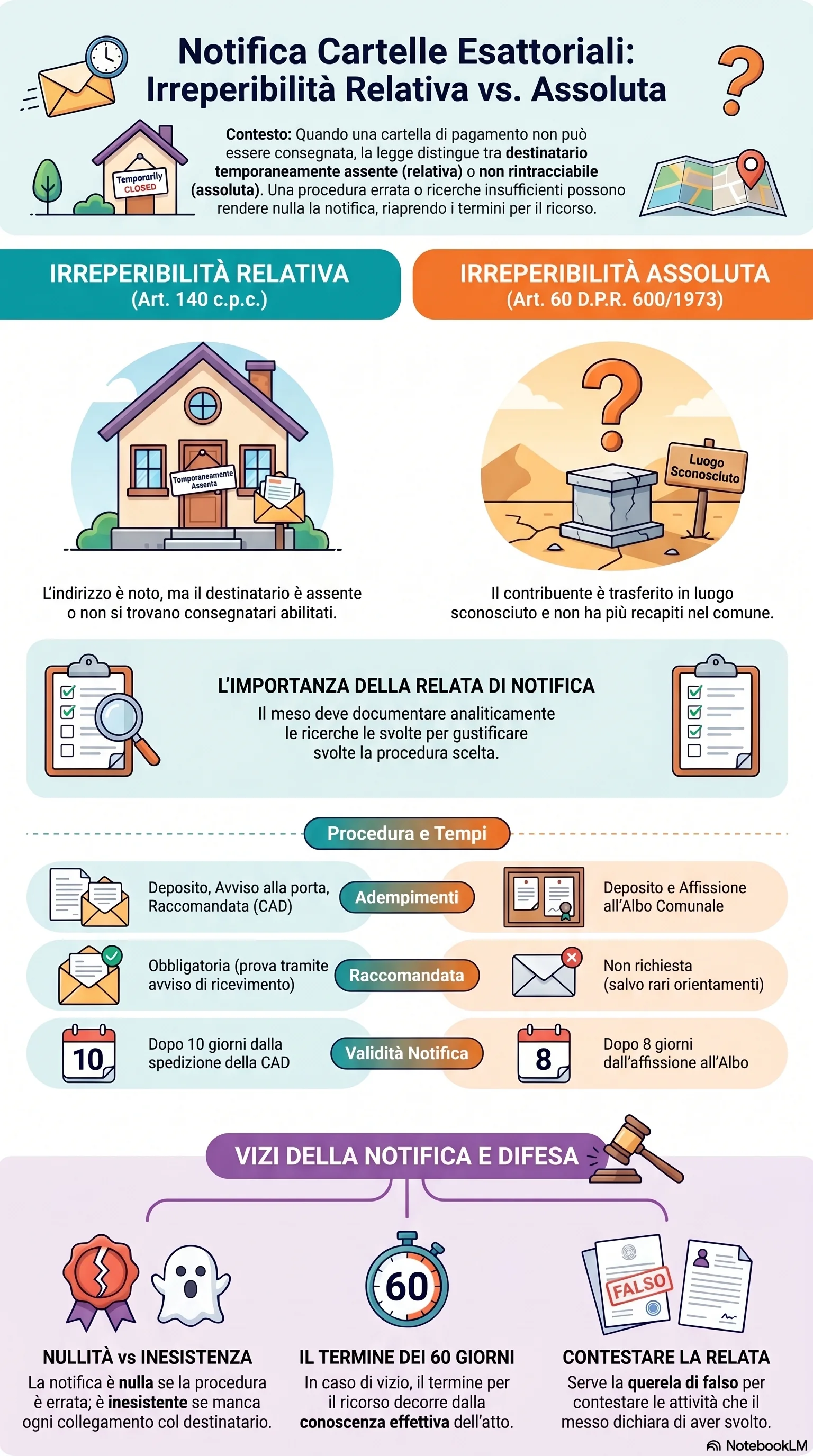 Infografica riassuntiva: Irreperibilità Relativa e Assoluta: Procedura e Differenze