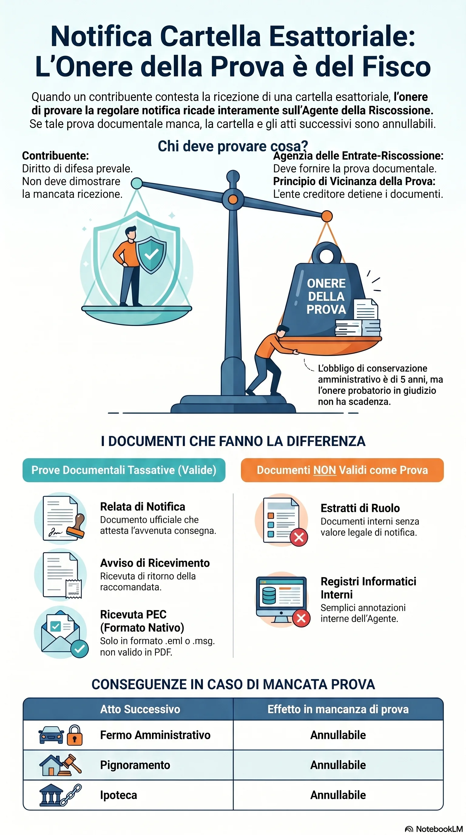 Infografica riassuntiva: Onere della Prova nella Notifica della Cartella Esattoriale