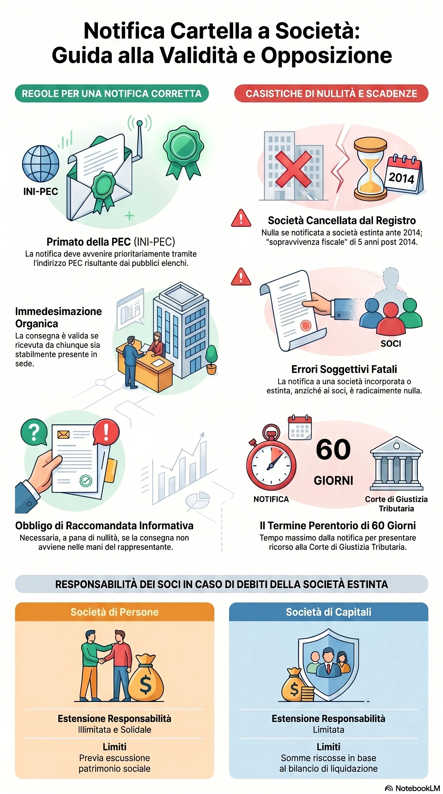 Infografica riassuntiva: Notifica Cartella a Società: Regole e Casistiche