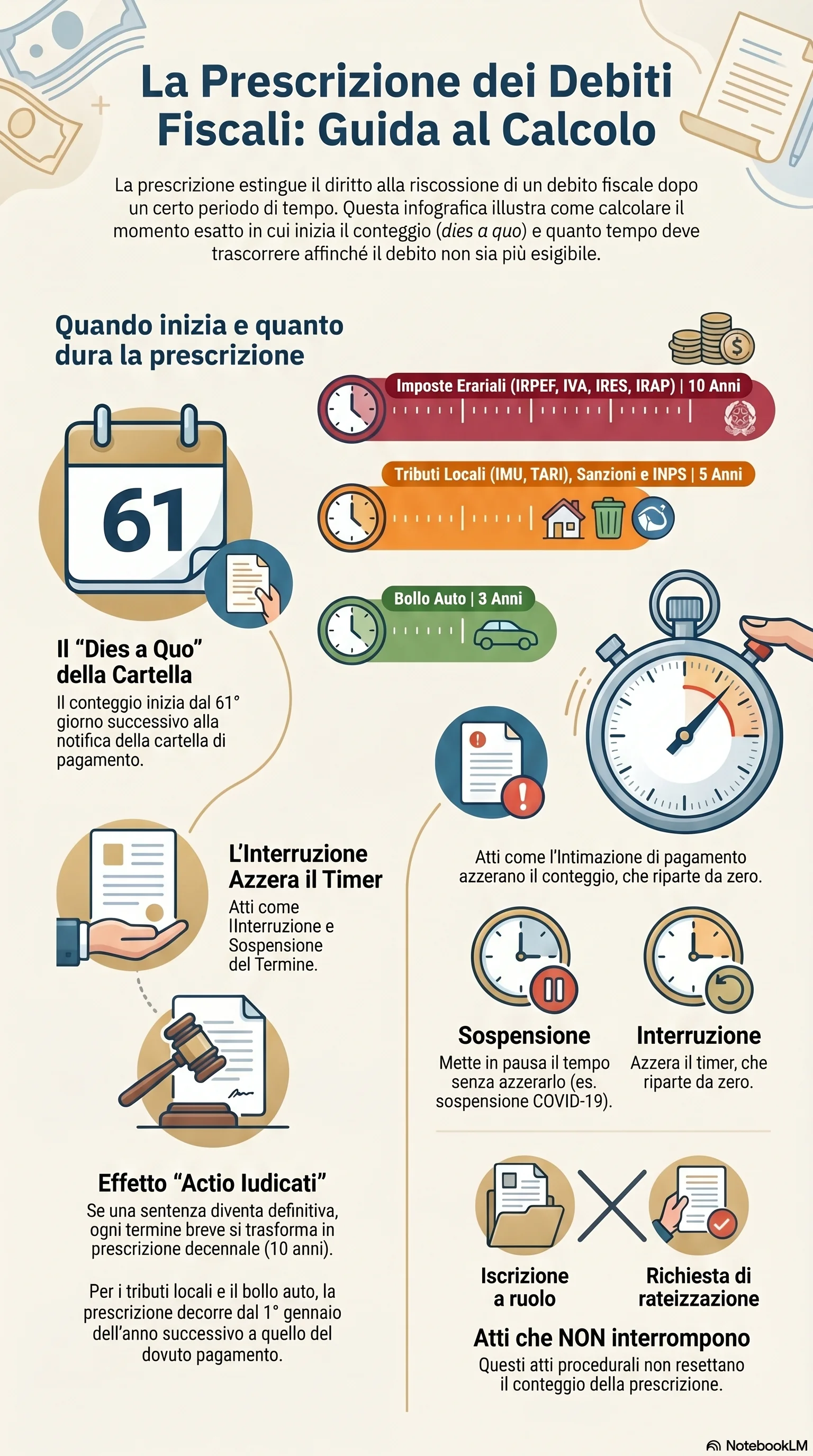 Infografica riassuntiva: Interruzione Prescrizione Cartella: Atti, Effetti e Regole