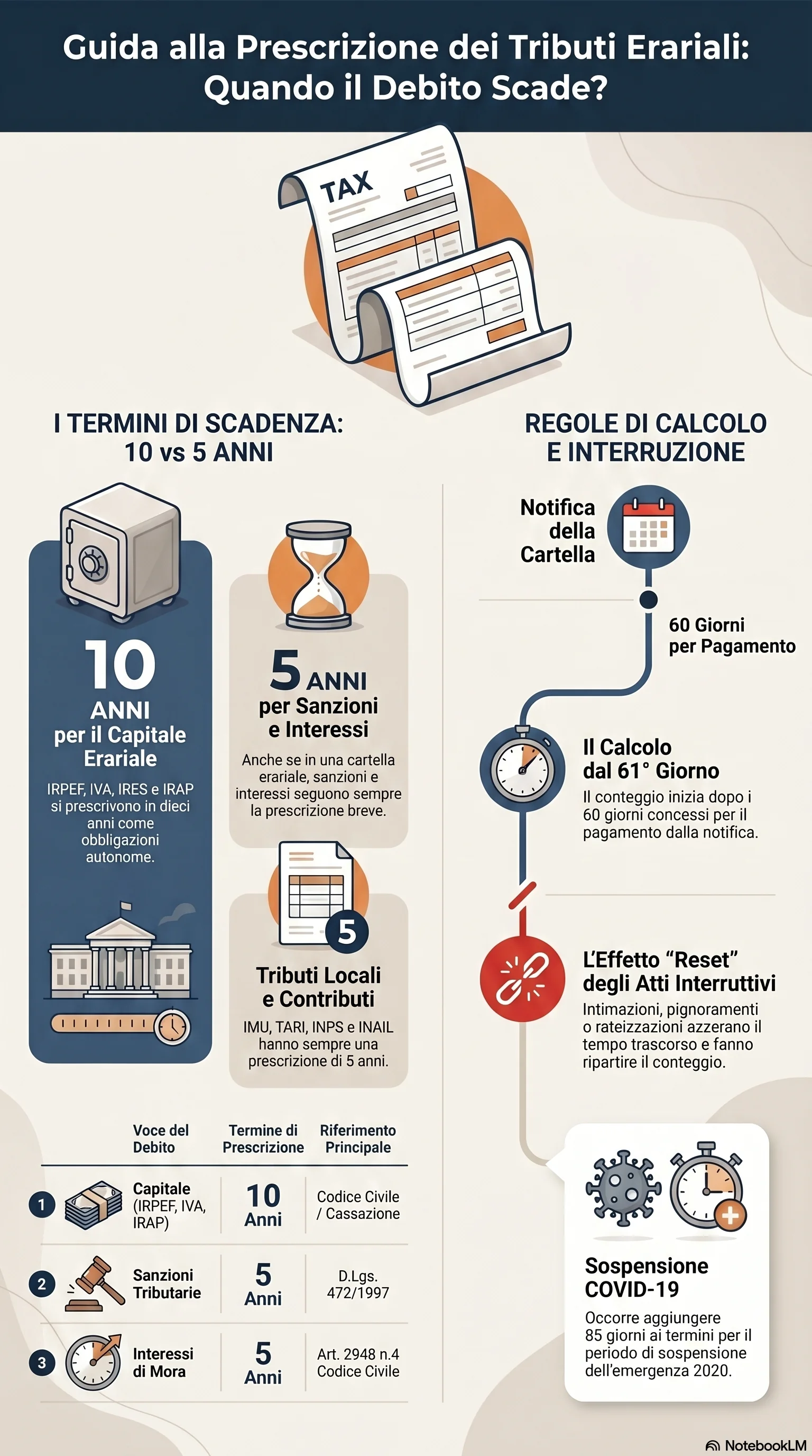 Infografica riassuntiva: Prescrizione Tributi Erariali: IRPEF, IVA, IRES e IRAP