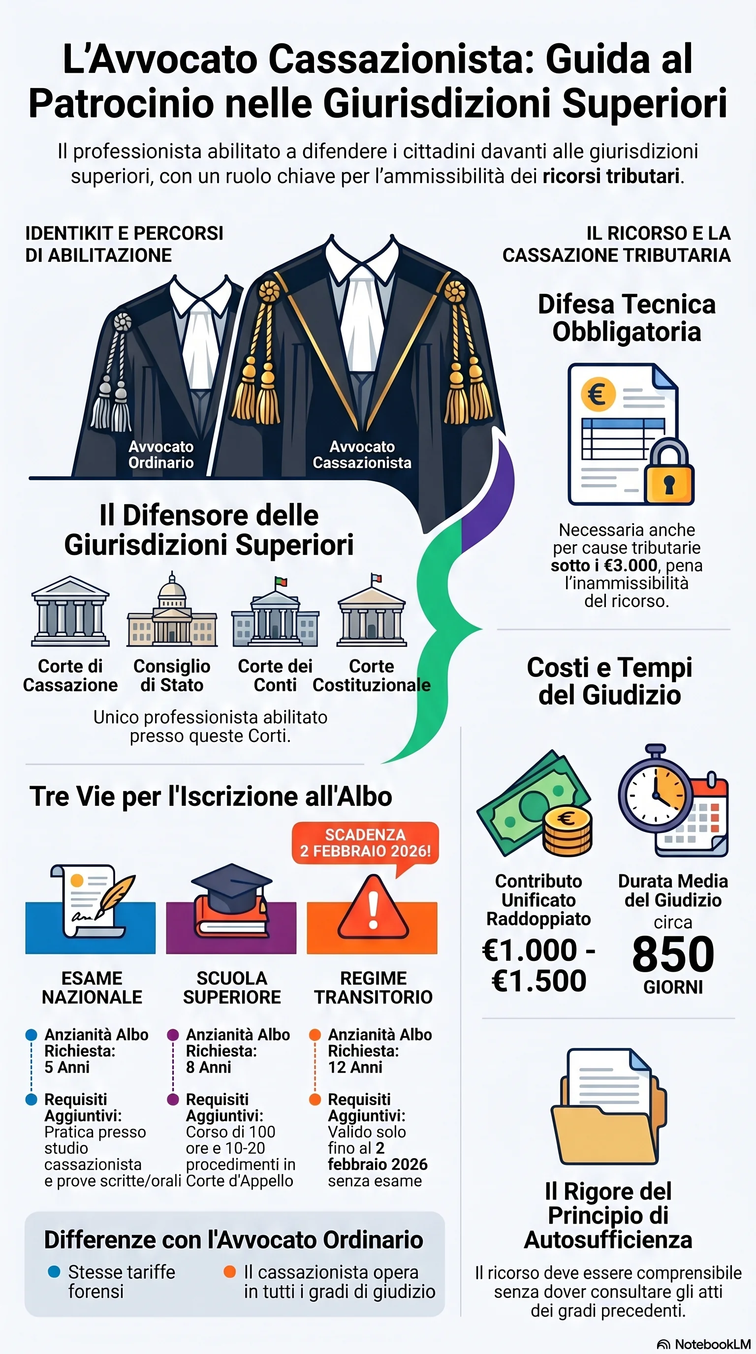 Infografica riassuntiva: Avvocato Cassazionista: Chi È, Requisiti e Quando Serve