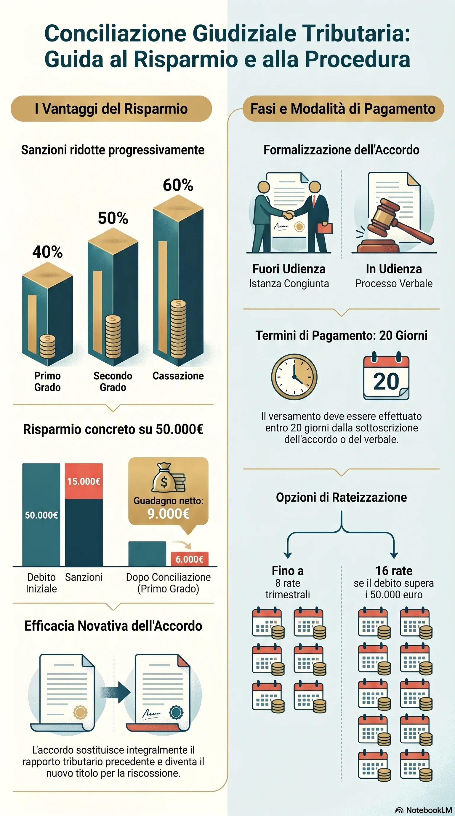 Infografica riassuntiva: Conciliazione Giudiziale Tributaria: Procedura e Vantaggi