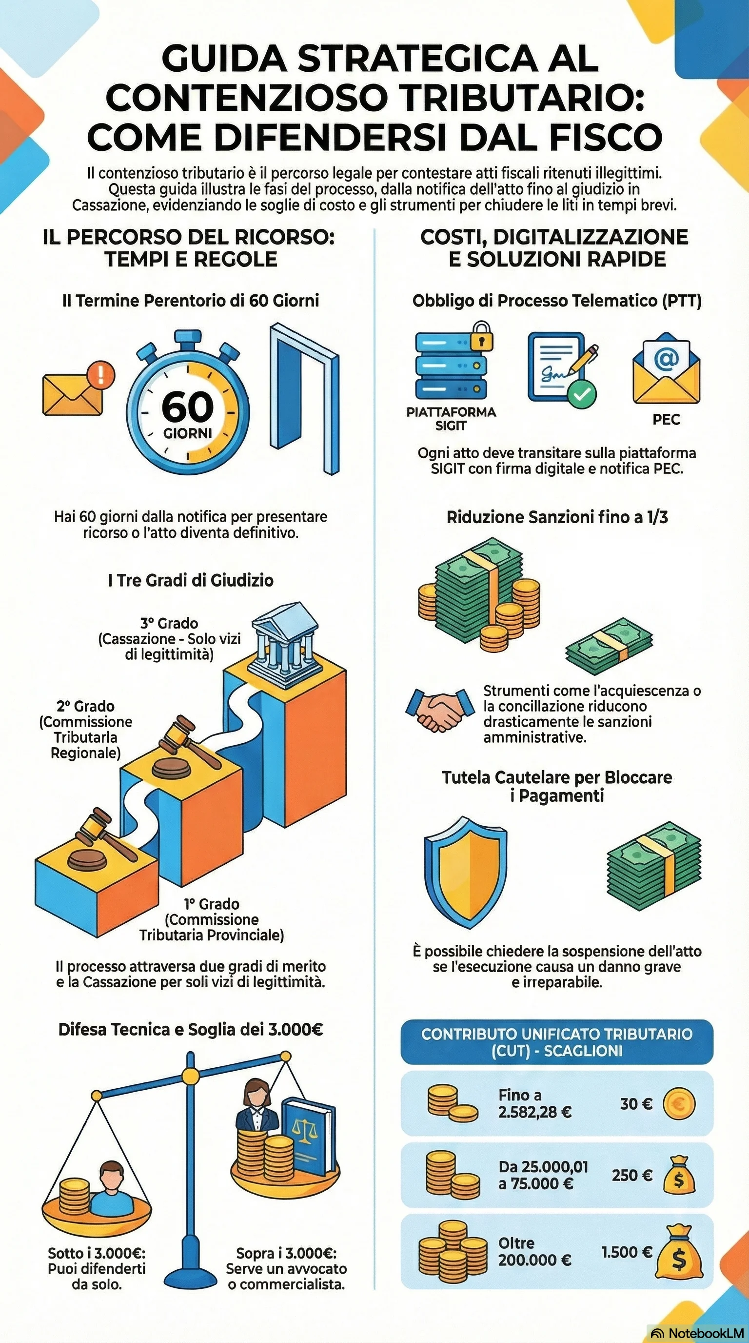 Infografica riassuntiva: Contenzioso Tributario: Guida Completa al Processo Fiscale