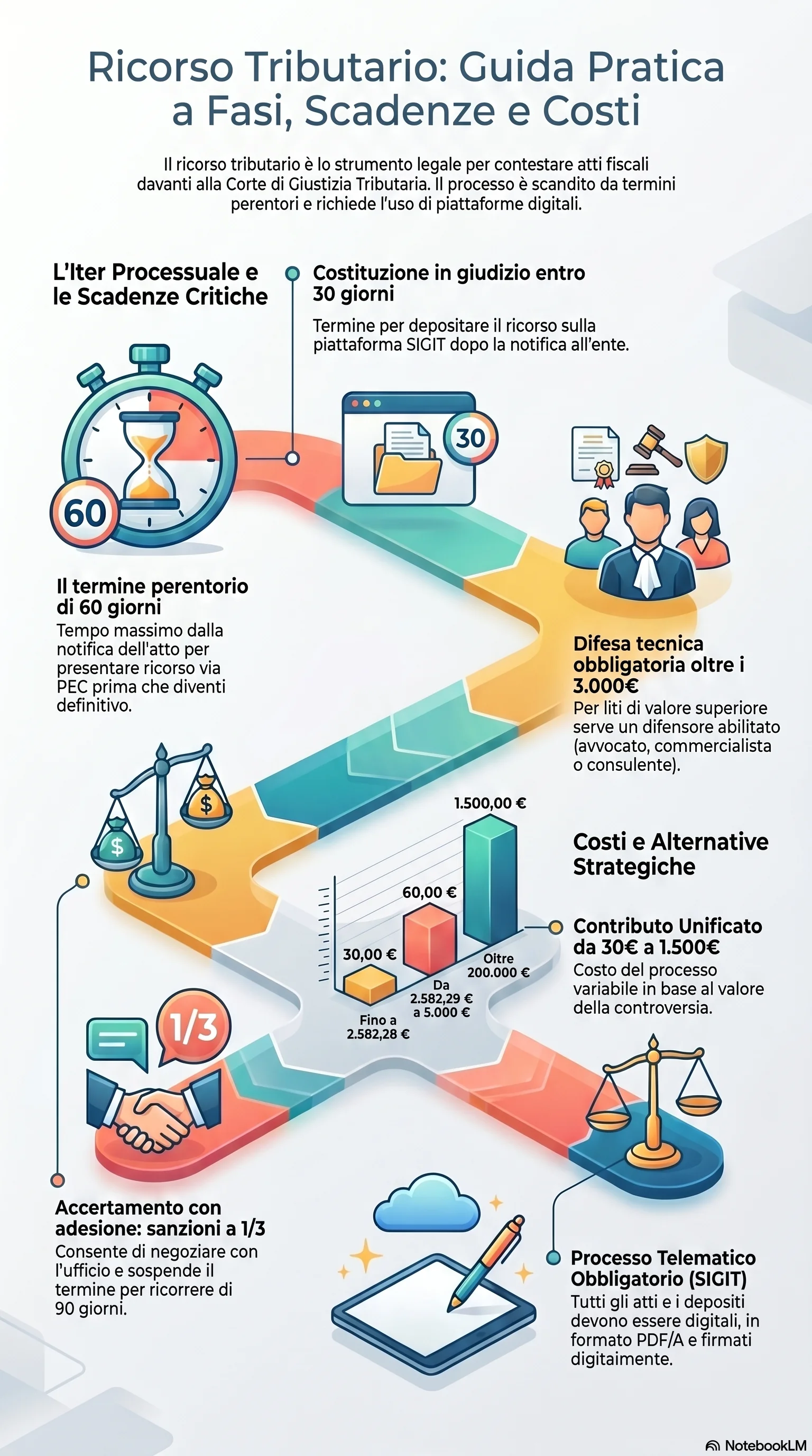 Infografica riassuntiva: Ricorso Tributario: Procedura, Fasi e Funzionamento