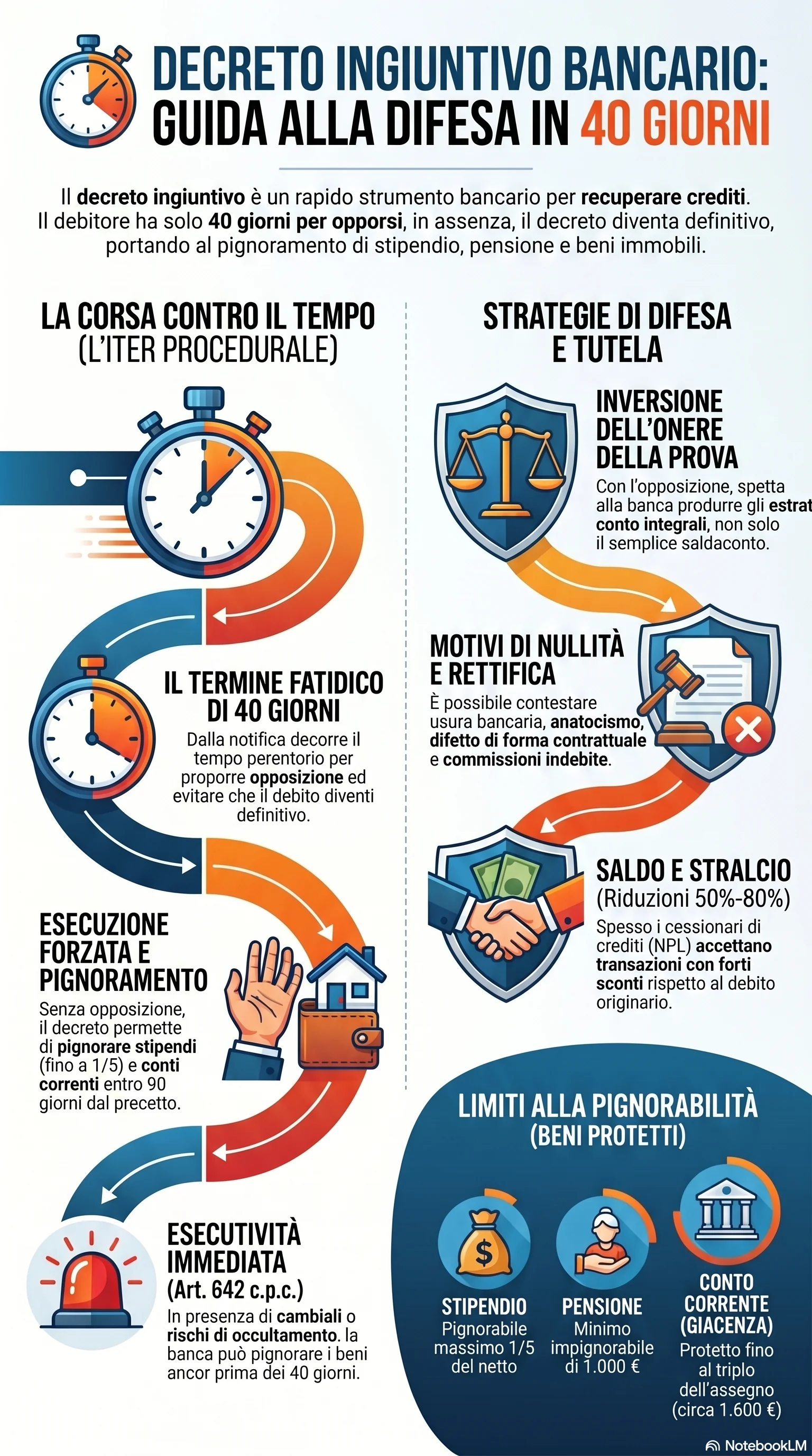 Infografica riassuntiva: Decreto Ingiuntivo Banca: Procedura, Esecutività e Difesa
