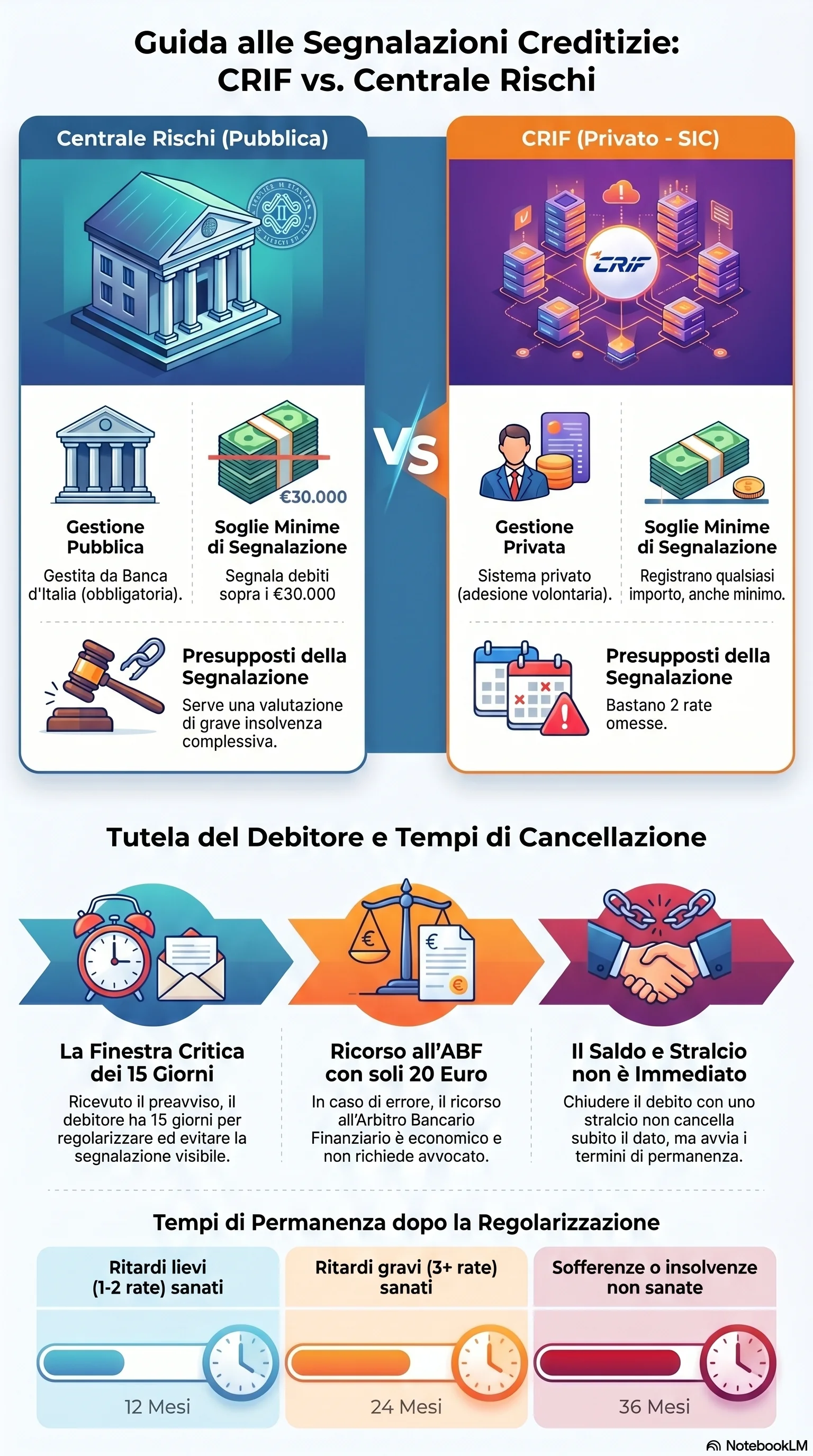 Infografica riassuntiva: Segnalazione CRIF e Centrale Rischi: Guida al Funzionamento