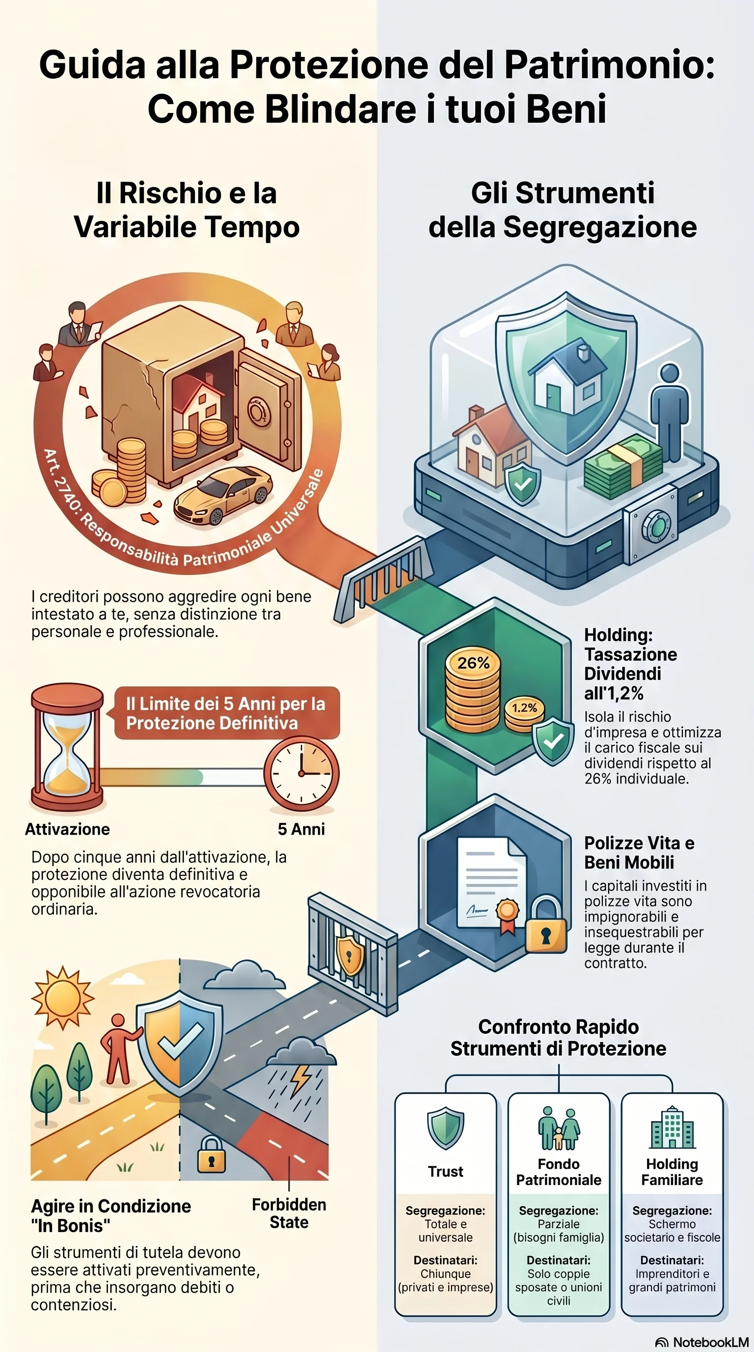 Infografica riassuntiva: Difesa e Protezione Patrimonio: Guida Completa agli Strumenti Legali