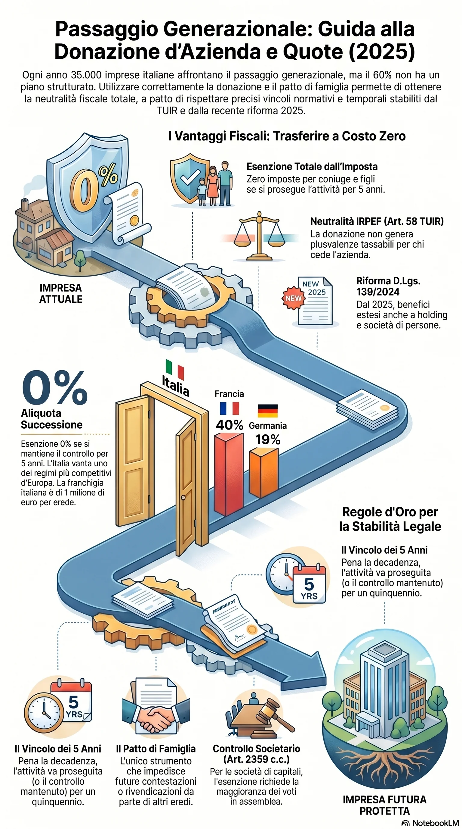 Infografica riassuntiva: Donazione Azienda e Quote: Guida al Passaggio Generazionale