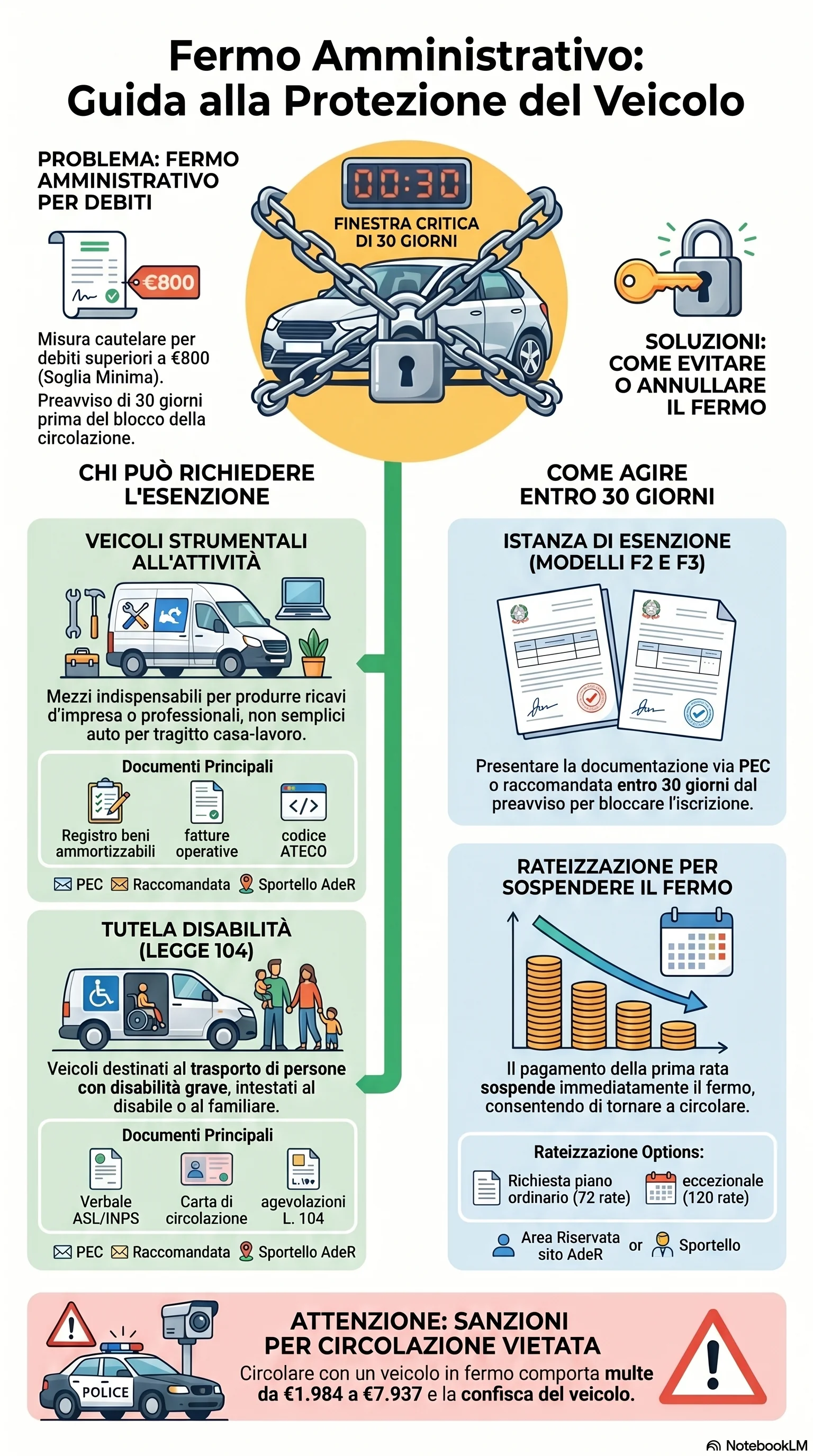 Infografica riassuntiva: Fermo Veicoli Esenti e Strumentali: Chi È Protetto