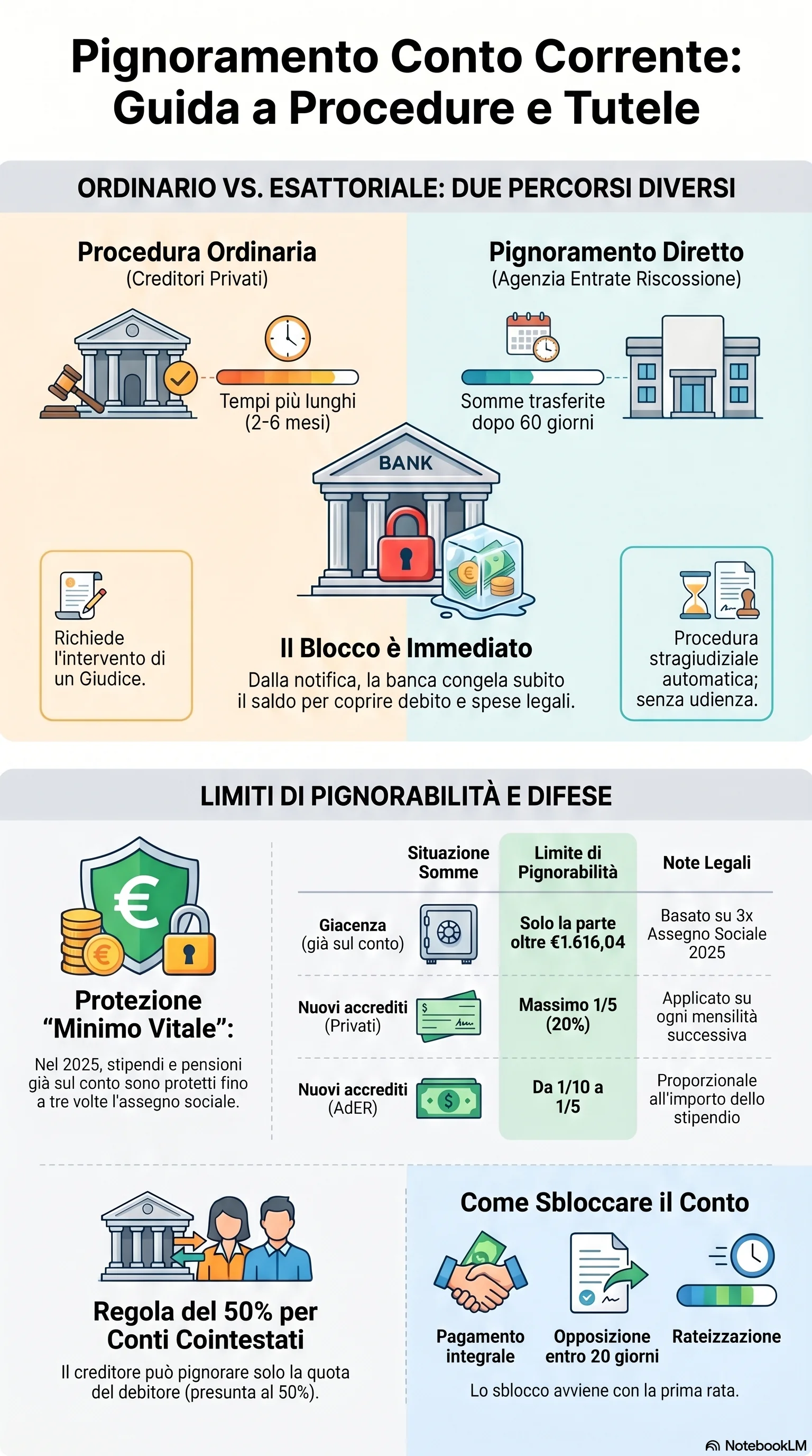 Infografica riassuntiva: Pignoramento Conto Corrente: Procedura, Effetti e Tempistiche