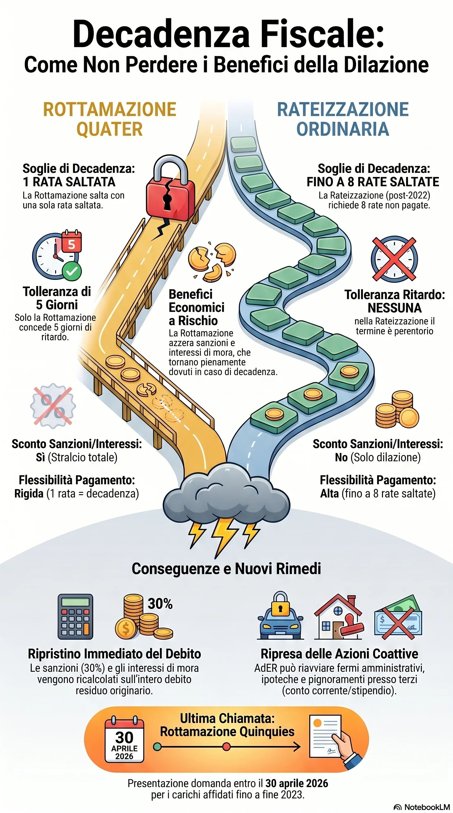 Infografica riassuntiva: Decadenza Rottamazione e Rateizzazione: Cause, Effetti, Rimedi